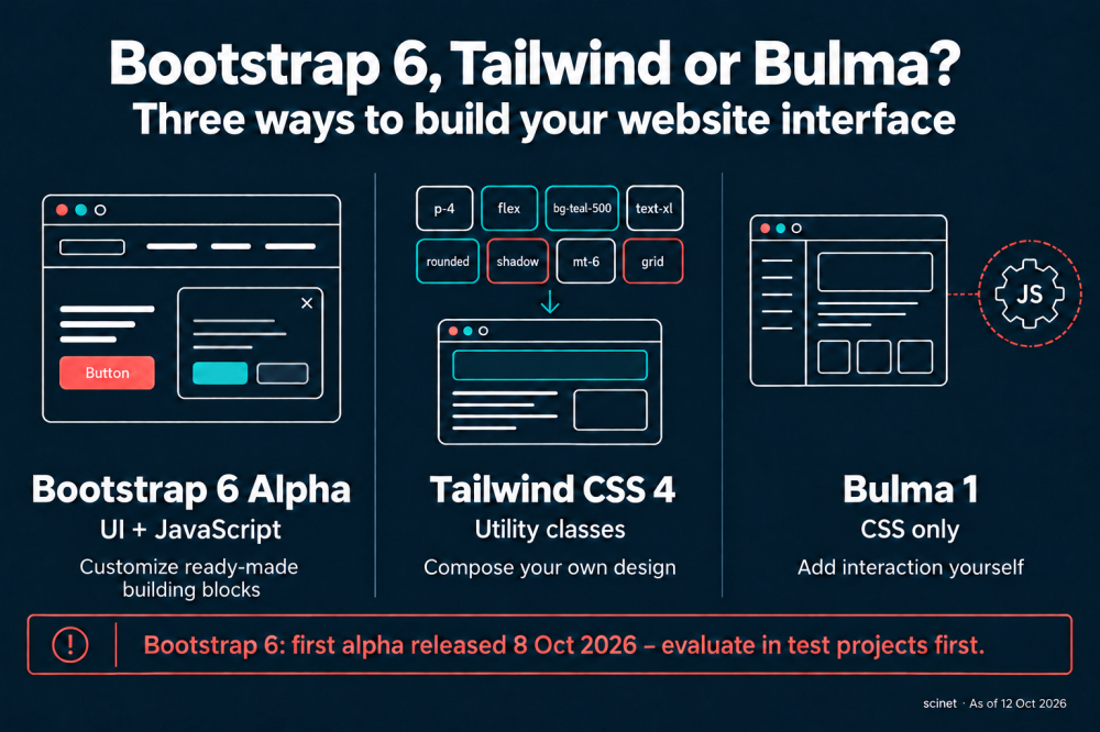 Bootstrap 6 Alpha supplies UI components and JavaScript, Tailwind CSS 4 combines utility classes, and Bulma 1 supplies CSS components with interaction added separately.