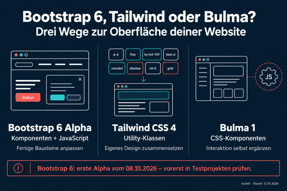 Bootstrap 6 Alpha liefert Komponenten und JavaScript, Tailwind CSS 4 kombiniert Utility-Klassen, Bulma 1 liefert CSS-Komponenten mit separat ergänzter Interaktion.