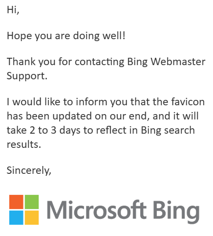 Antwort des Bing Webmaster Supports zur Aktualisierung des Favicons