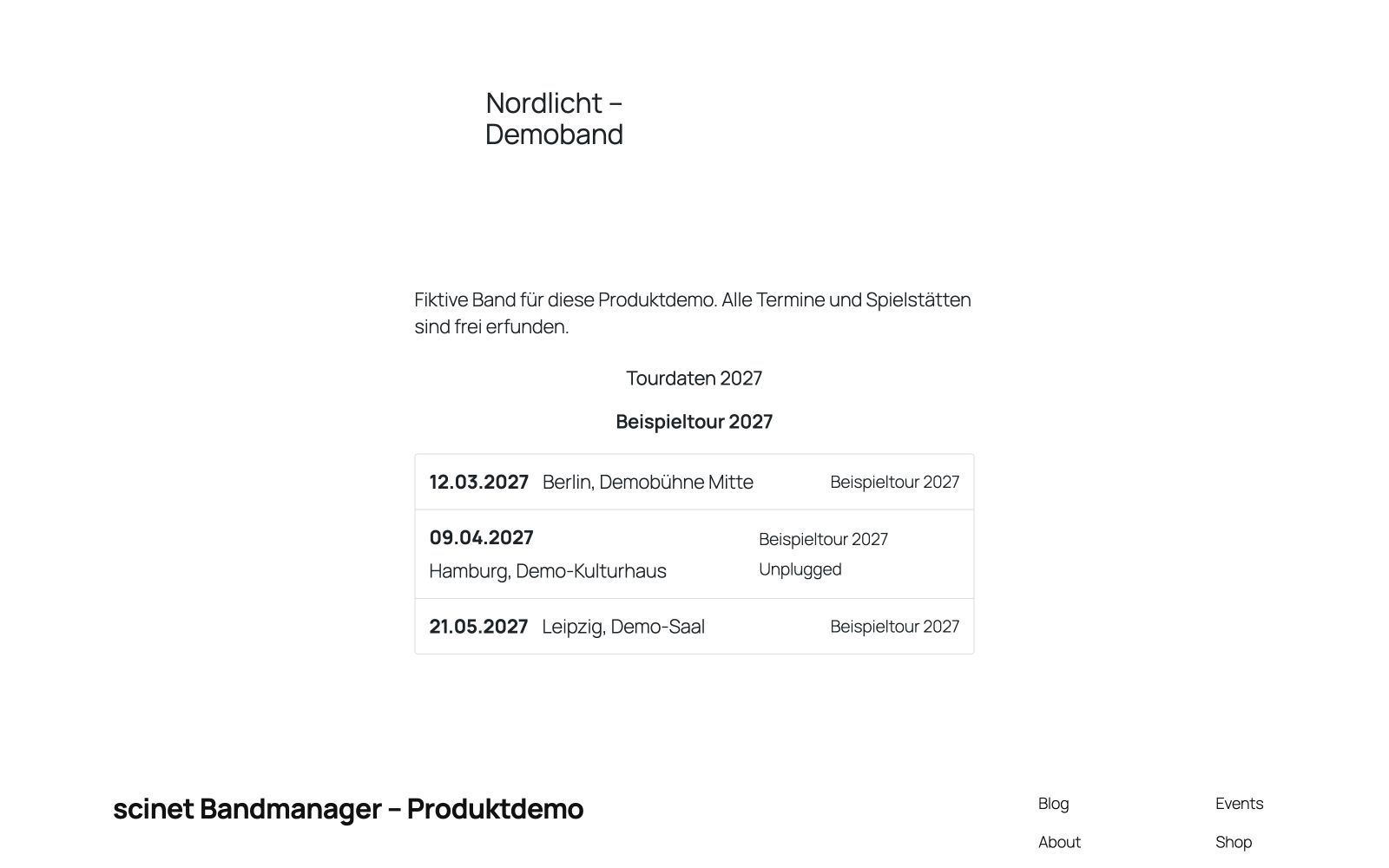 Öffentliche deutsche Konzertliste der Demoband Nordlicht mit drei Terminen der Beispieltour 2027 und einer Unplugged-Kennzeichnung.