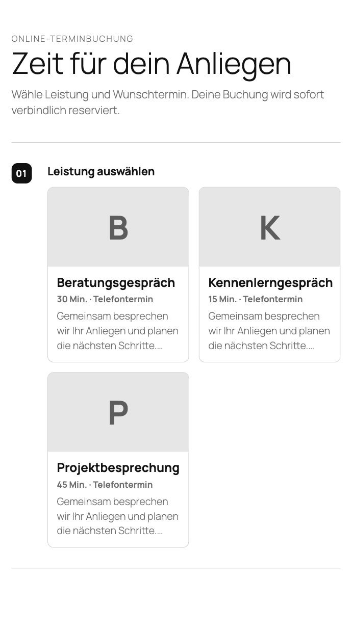 Kartenauswahl für Beratungsgespräch, Kennenlerngespräch und Projektbesprechung.