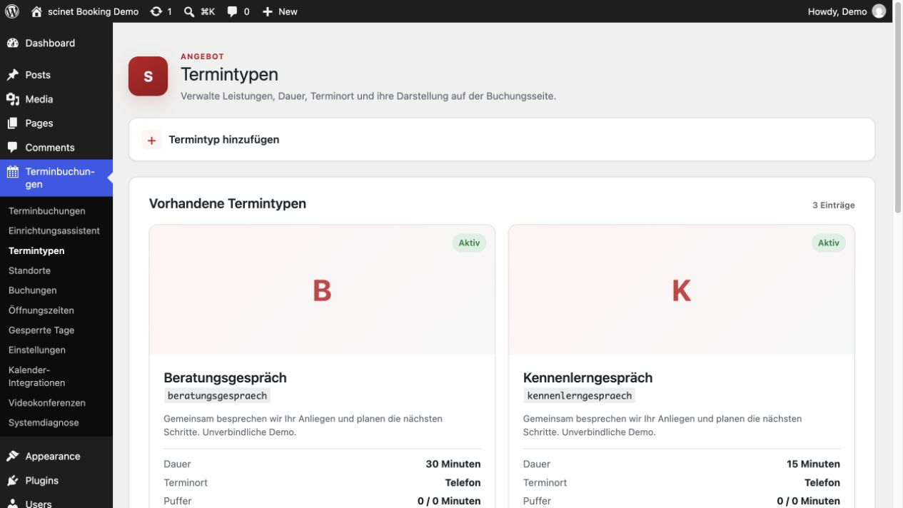 Termintypen-Verwaltung mit Angebotskarten und eingeklapptem Hinzufügen-Formular.