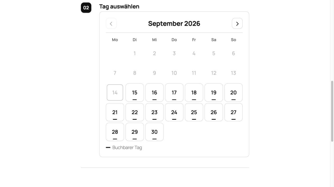 Monatskalender der scinet Buchung mit markierten buchbaren Tagen.