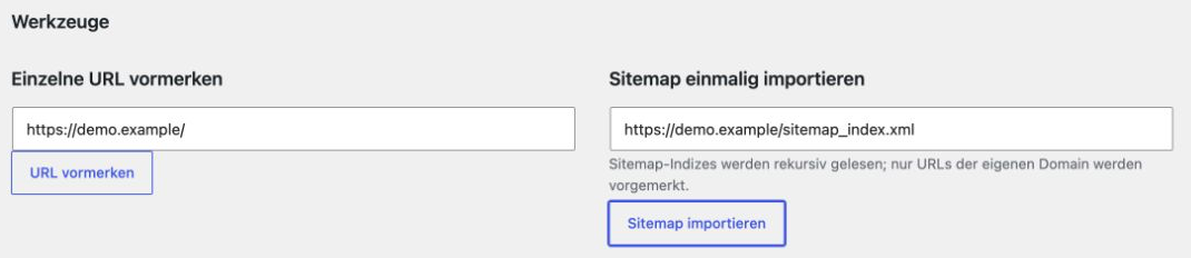 IndexNow-Werkzeuge zum Vormerken einer einzelnen URL und zum einmaligen Import einer Sitemap der eigenen Website.