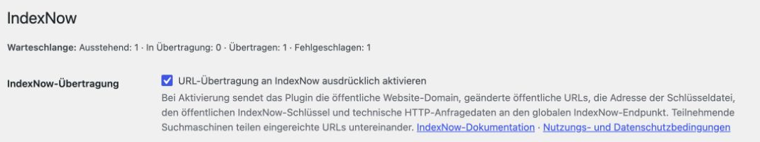 IndexNow-Einstellungen mit aktivierter ausdrücklicher Einwilligung und Erläuterung der übertragenen Daten.