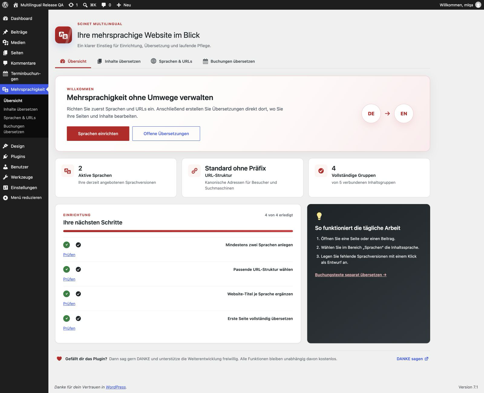 Deutsche Übersicht von scinet multilingual mit zwei aktiven Sprachen, URL-Struktur und Einrichtungscheckliste.