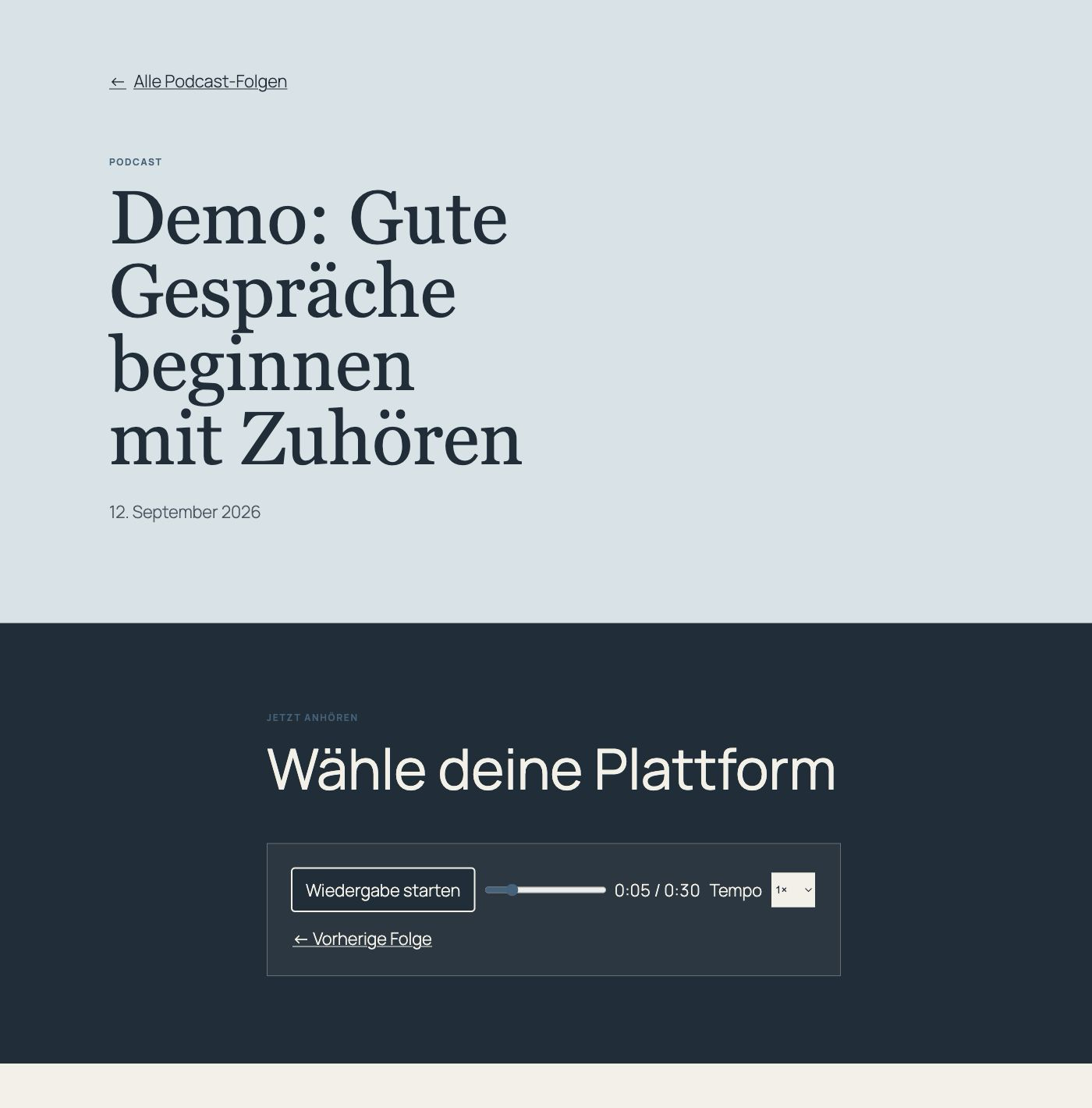 Detailseite der Demofolge Gute Gespräche beginnen mit Zuhören mit Datum und pausiertem MP3-Player bei fünf von dreißig Sekunden.